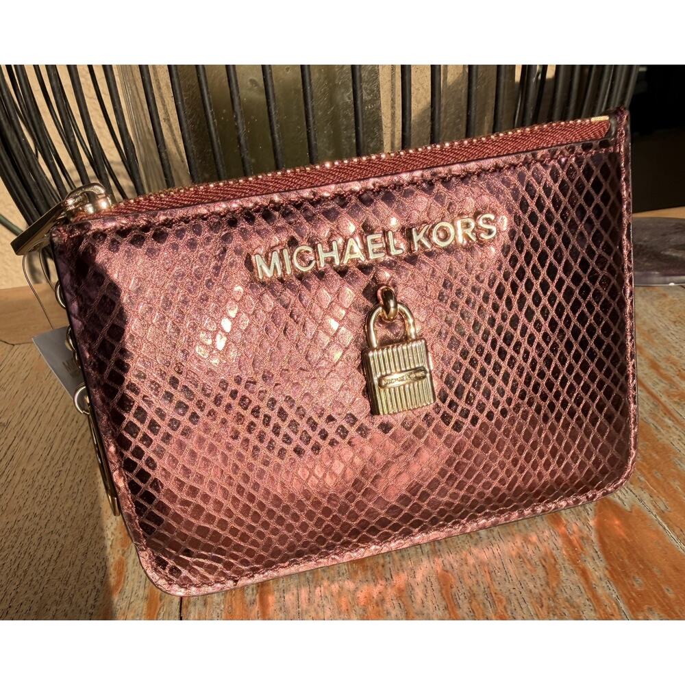 Michael Kors Jet Set Adele Exotic Pouch ID Key Holder Wallet Embossed Merlot NWT
